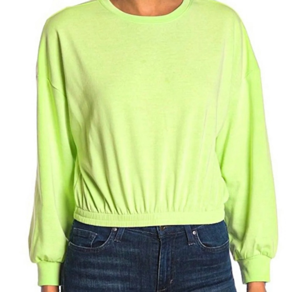 Elodie Bright Green Scoop Neck Cuffed Hem Pullover Cropped Sweatshirt Large NEW - Picture 1 of 7